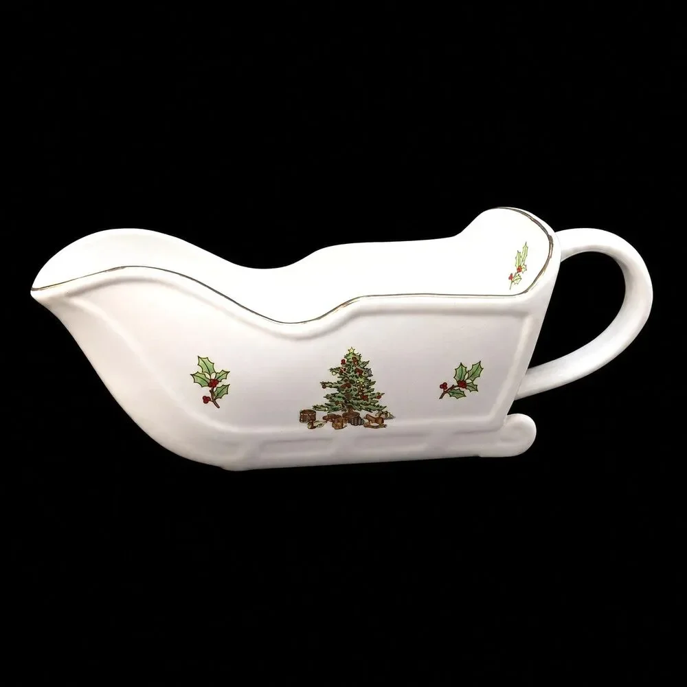 Vintage Holiday Hostess Christmas Sleigh Gravy Boat Gold Trim Japan Collectible